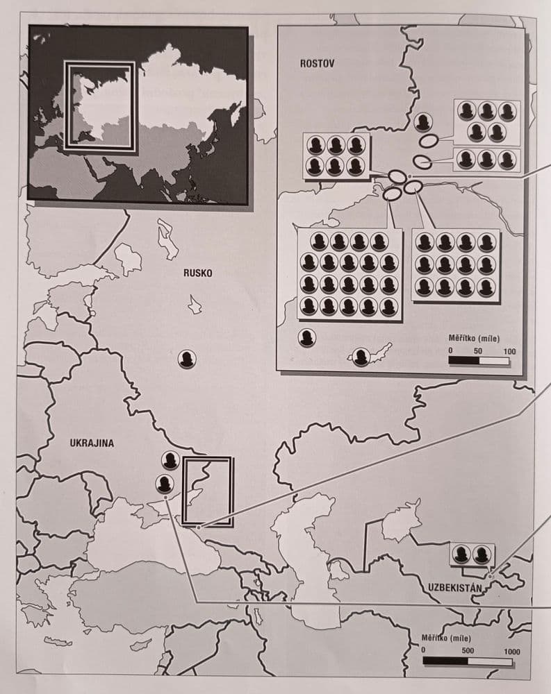 Mapa všetkých miest, kde Andrej Čikatilo vyčíňal, zdroj: kniha Sérioví vrazi od Brendy Ralph Lewis